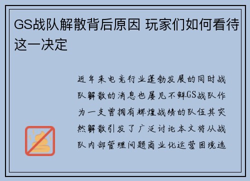 GS战队解散背后原因 玩家们如何看待这一决定