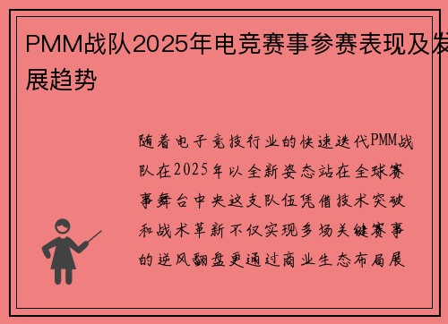 PMM战队2025年电竞赛事参赛表现及发展趋势